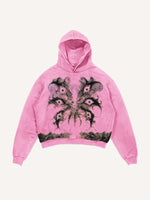 Distressed Washed Wing&Eye&Graphic Print Slant Pockets Hoodie