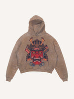 Distressed Washed Ghost General Print Slant Pockets Hoodie