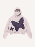 Distressed Washed Butterfly Faux Decal Print Slant Pockets Hoodie