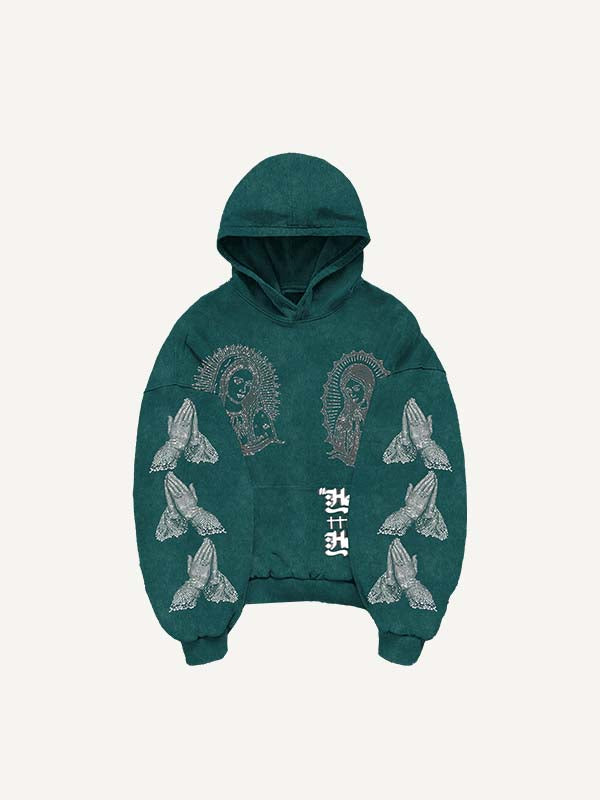 Mary&Pray&Letter Faux Rhinestones Print Slant Pockets Hoodie