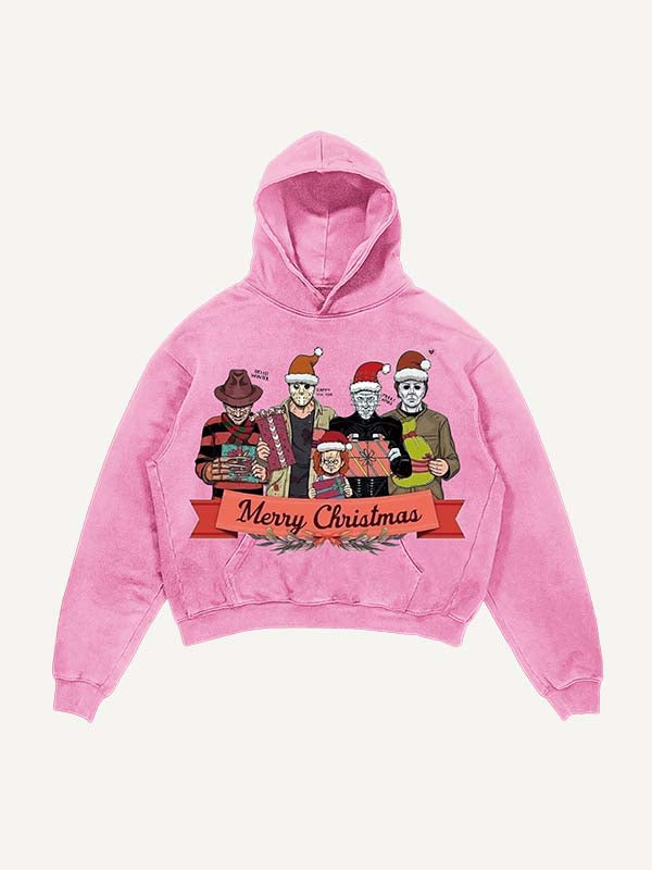 Distressed Washed Christmas Horror Print Slant Pockets Hoodie