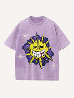 Distressed Washed Evil Sun&Moon&Cloud&Graphic Print Round Neck T-shirt