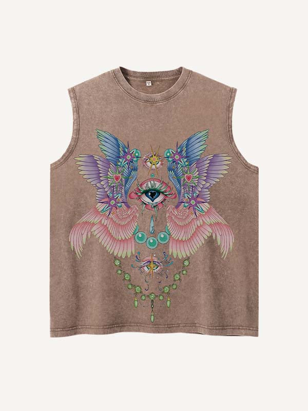 Distressed Washed Eye&Wing Print Round Neck Tank