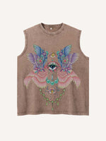 Distressed Washed Eye&Wing Print Round Neck Tank
