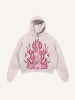 Distressed Washed Pink Fire Skeleton Print Slant Pockets Hoodie