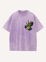 Distressed Washed Dragon&House&Graphic Print Round Neck T-shirt