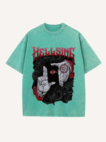 Distressed Washed Eye&Palm&Letter&Graphic Print Round Neck T-shirt