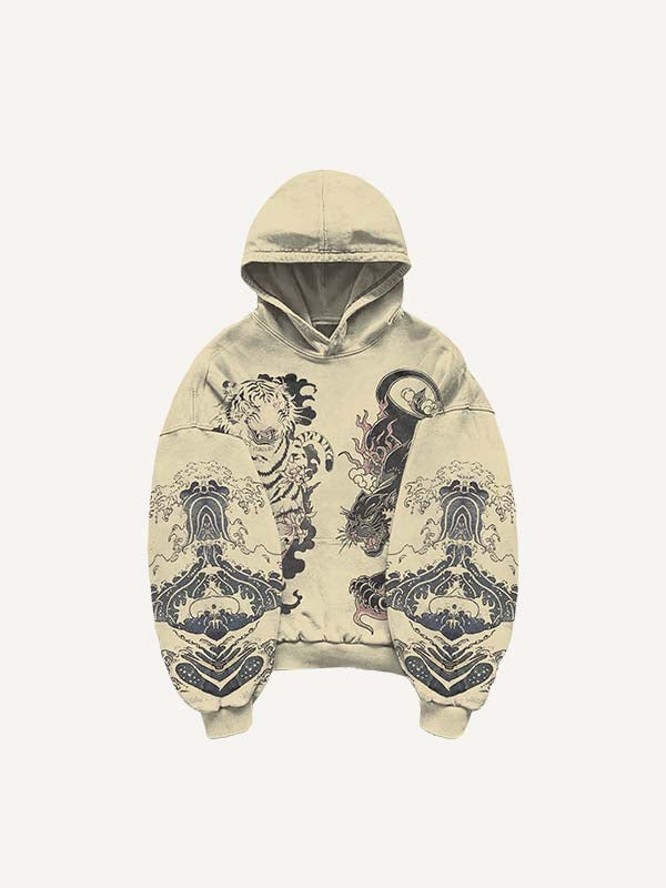 Black Panther&Tiger&Graphic Print Slant Pockets Hoodie