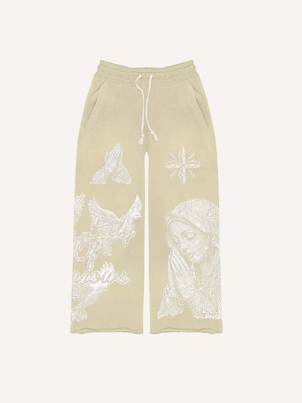 Mary&Pray&Pigeon&Letter Faux Rhinestones Print Elastic Waist Pants