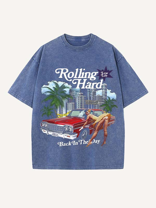 Distressed Washed Figure&City&Graphic&Money&Letter Print Round Neck T-shirt