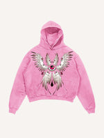 Distressed Washed Wing&Eye&Graphic Print Slant Pockets Hoodie