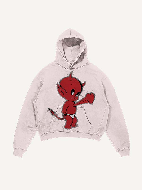 Distressed Washed Little Devil Heartbeat Faux Decal Print Slant Pockets Hoodie