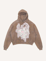 Distressed Washed Graphic Print Slant Pockets Hoodie