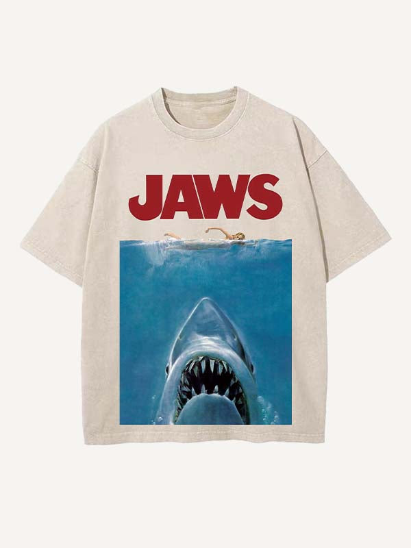 Distressed Washed Figure&Shark&Letter Print Round Neck T-shirt
