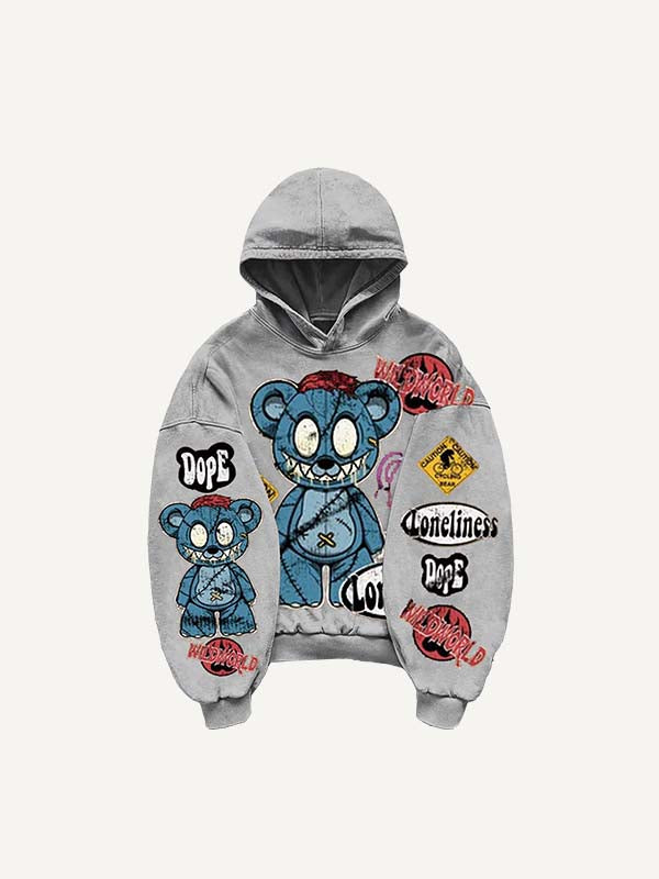 Bear&Graphic&Letter Faux Decal Print Slant Pockets Hoodie