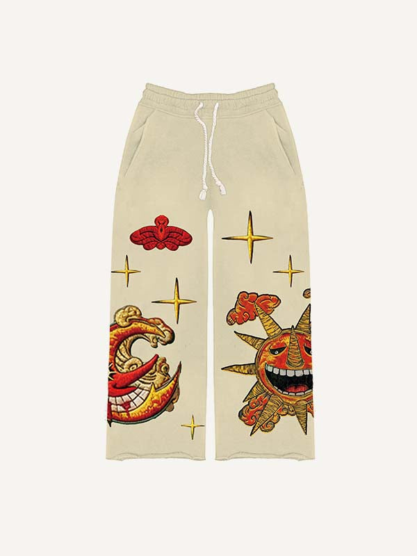 Evil Sun&Moon&Star&Cloud Faux Decal Print Elastic Waist Pants