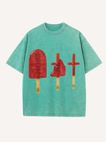 Distressed Washed Figure&Cross&Ice Cream&Letter Print Round Neck T-shirt