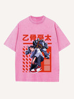 Distressed Washed Figure&Sword&Monsters&Letter Print Round Neck T-shirt