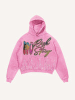 Distressed Washed Eye&Cross&Letter&Graphic Faux Rhinestones Print Slant Pockets Hoodie