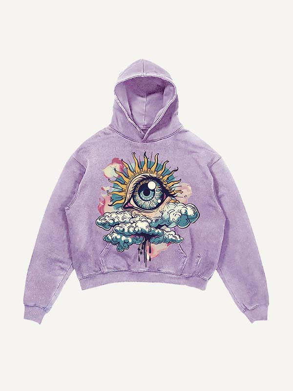 Distressed Washed Eye&Cloud&Moon&Graphic Print Slant Pockets Hoodie