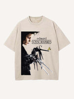 Distressed Washed Figure&Letter Print Round Neck T-shirt