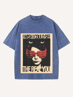 Distressed Washed Figure&Letter Print Round Neck T-shirt