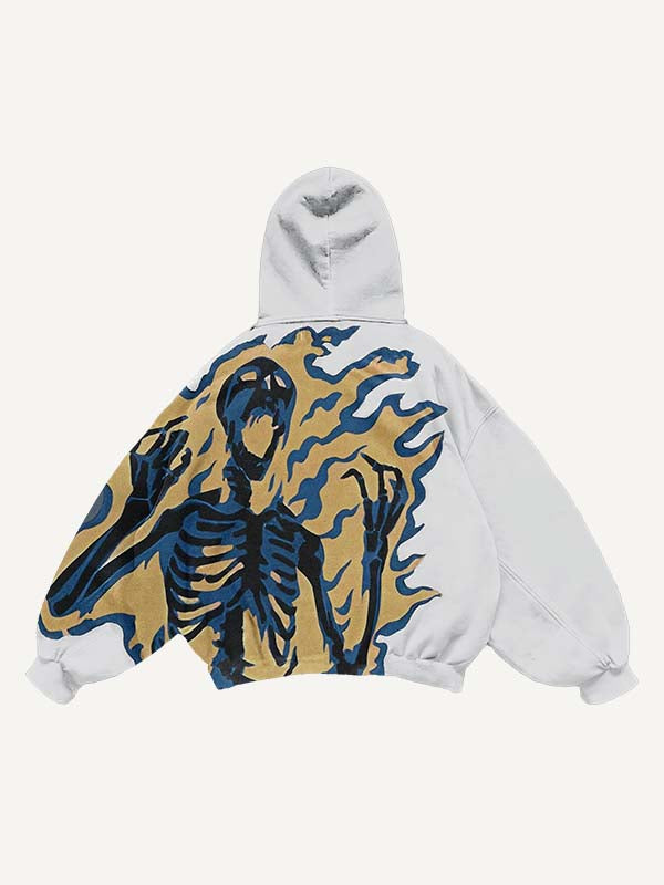 Fire Skeleton Print Slant Pockets Hoodie