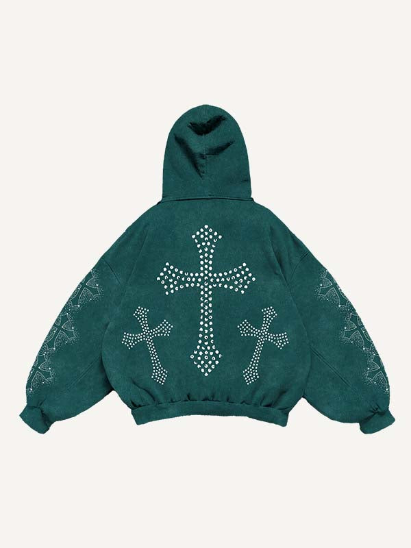 Mary&Cross Faux Rhinestones Print Slant Pockets Hoodie