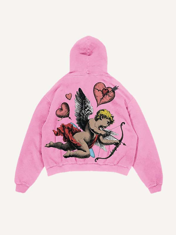 Distressed Washed Cupid&Heart Print Slant Pockets Hoodie