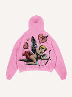 Distressed Washed Cupid&Heart Print Slant Pockets Hoodie