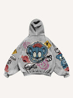Bear&Graphic&Letter Faux Decal Print Slant Pockets Hoodie