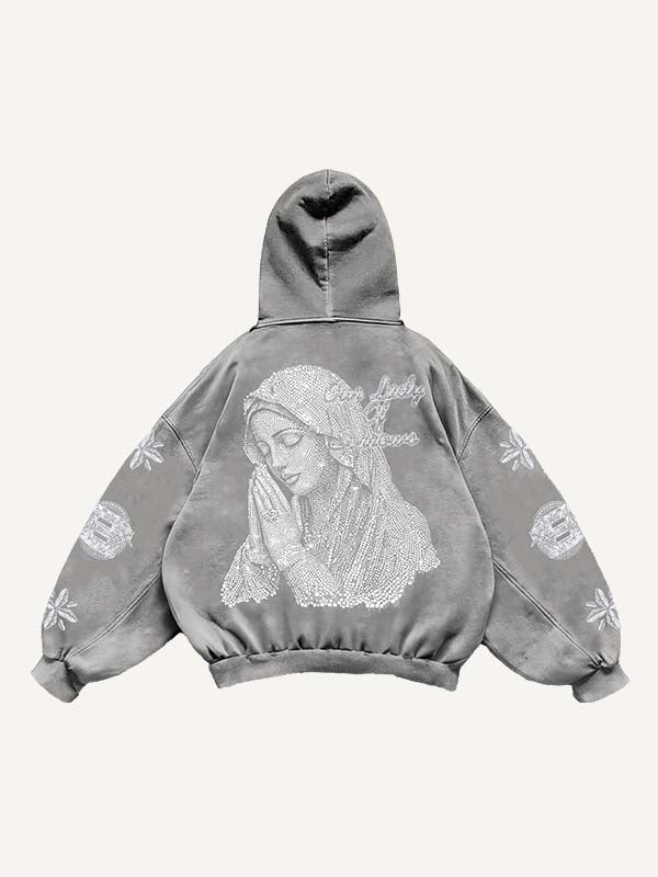 Mary&Letter Pray Faux Rhinestones Print Slant Pockets Hoodie