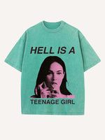 Distressed Washed Figure&Letter Print Round Neck T-shirt