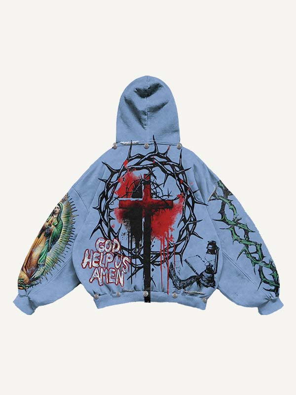 Jesus&Mary&Cross&Letter&Graphic Print Slant Pockets Hoodie
