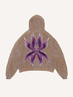 Distressed Washed Eye&Wing Print Slant Pockets Hoodie