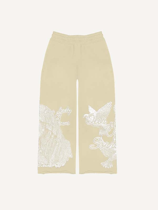 Mary&Pray&Pigeon&Letter Faux Rhinestones Print Elastic Waist Pants