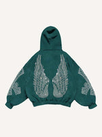Skull&Wing&Cross Faux Rhinestones Print Slant Pockets Hoodie