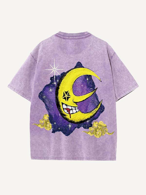 Distressed Washed Evil Sun&Moon&Cloud&Graphic Print Round Neck T-shirt