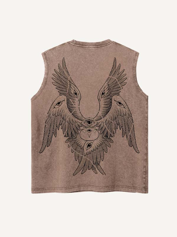 Distressed Washed Wing&Eye&Graphic Print Round Neck Tank