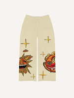 Evil Sun&Moon&Star&Cloud Faux Decal Print Elastic Waist Pants