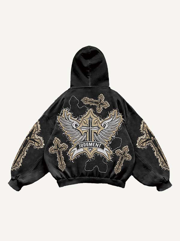 Cross&Wing Faux Decal Print Slant Pockets Hoodie