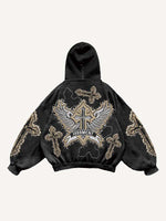 Cross&Wing Faux Decal Print Slant Pockets Hoodie