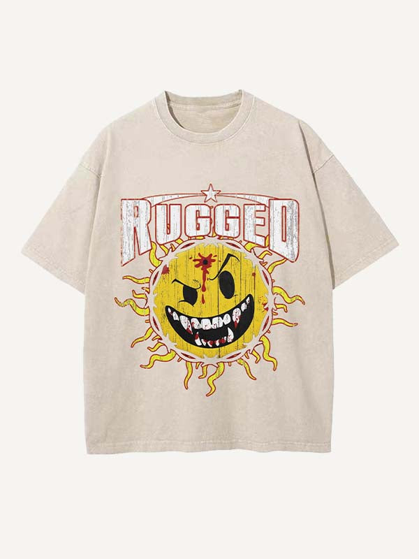 Distressed Washed Evil Sun&Letter Print Round Neck T-shirt