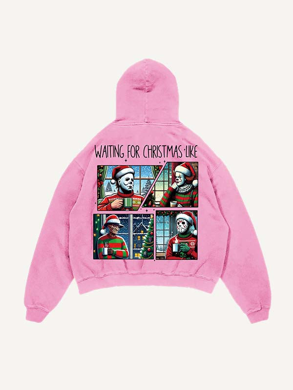 Distressed Washed Christmas Horror Print Slant Pockets Hoodie