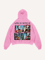 Distressed Washed Christmas Horror Print Slant Pockets Hoodie