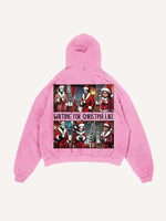 Distressed Washed Christmas Horror Print Slant Pockets Hoodie