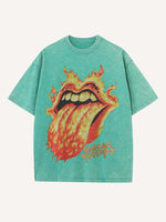 Distressed Washed Fire Tongue Print Round Neck T-shirt