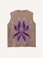 Distressed Washed Eye&Wing Print Round Neck Tank