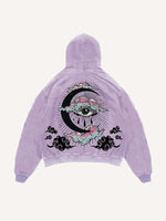 Distressed Washed Eye&Cloud&Moon&Graphic Print Slant Pockets Hoodie