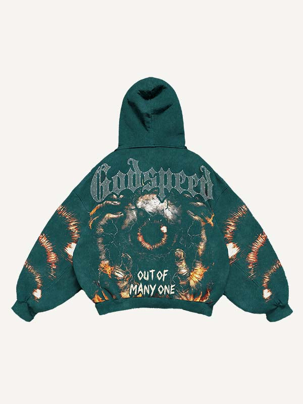 Eye&Palm&Letter Faux Rhinestones Print Slant Pockets Hoodie